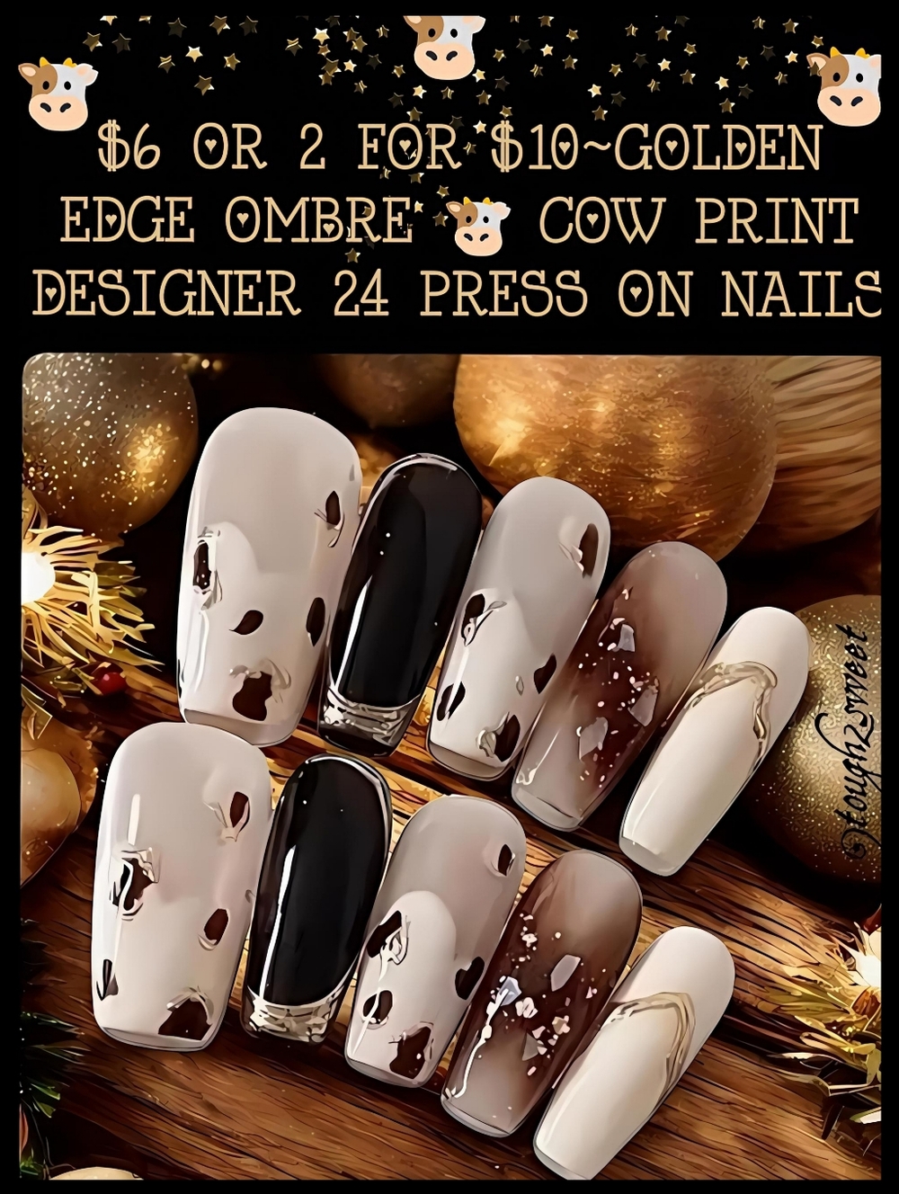 🆕$6 OR 2 FOR $10~GOLDEN EDGE OMBRE 🐮 COW PRINT DESIGNER 24 PRESS ON NAILS
